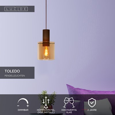 Lucide TOLEDO - Pendelleuchten - Ø 20 cm - 1xE27 - Amber